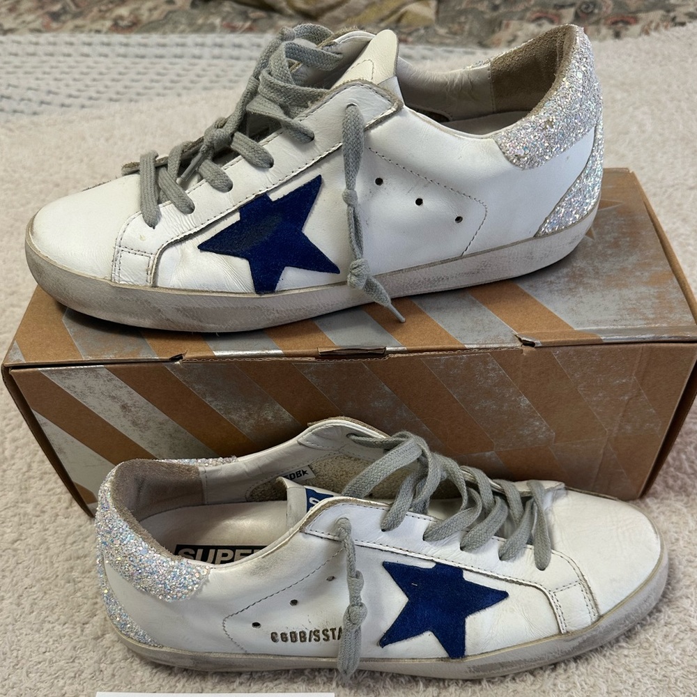 Golden Goose Superstar. White with royal blue star /white glitter heel. Size 39